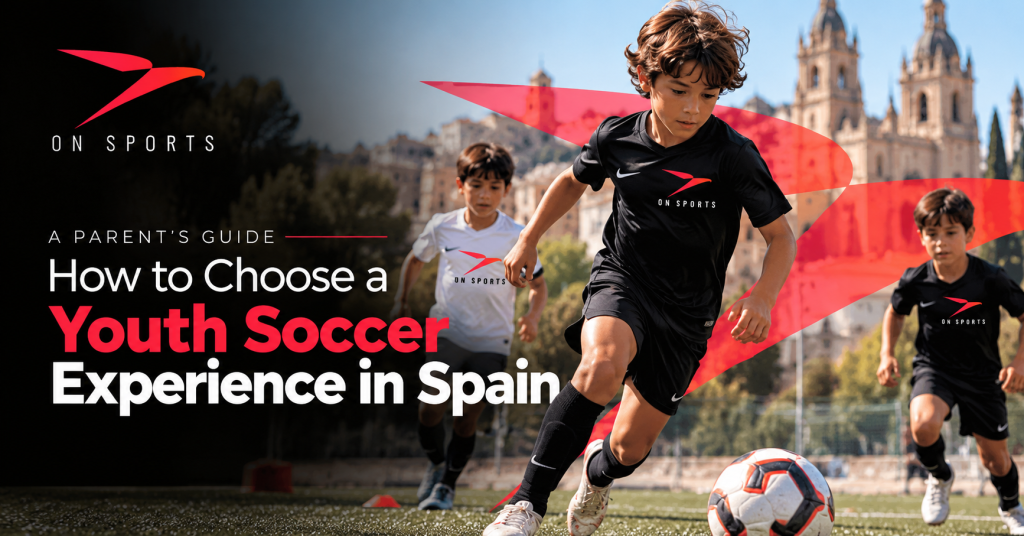 Promotional illustration of children playing soccer with a Spanish city backdrop and the headline “How to Choose a Youth Soccer Experience in Spain.”